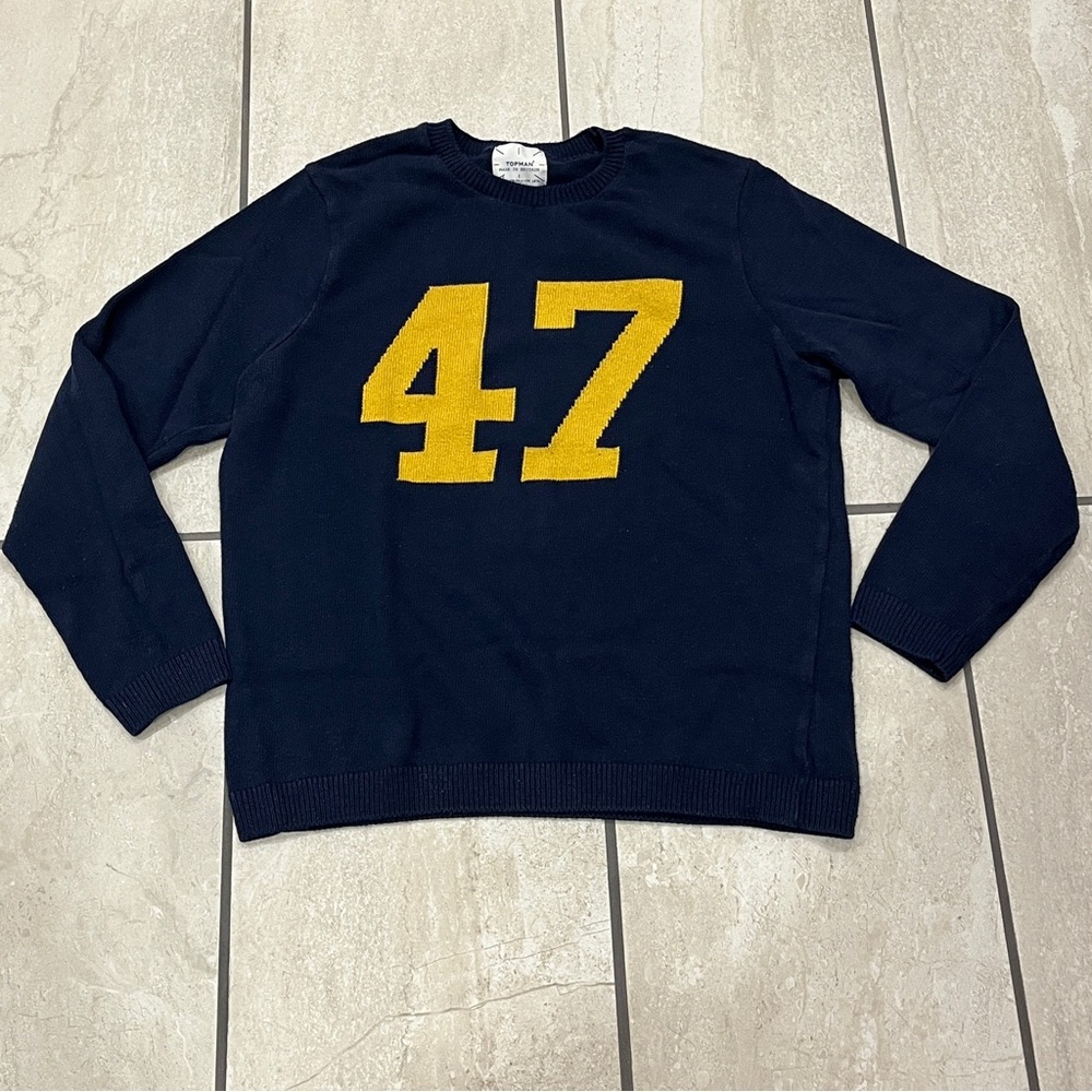 Topman Mens Blue Crew Neck Cotton Blend Jumper Size Xl Made In Britain VTG